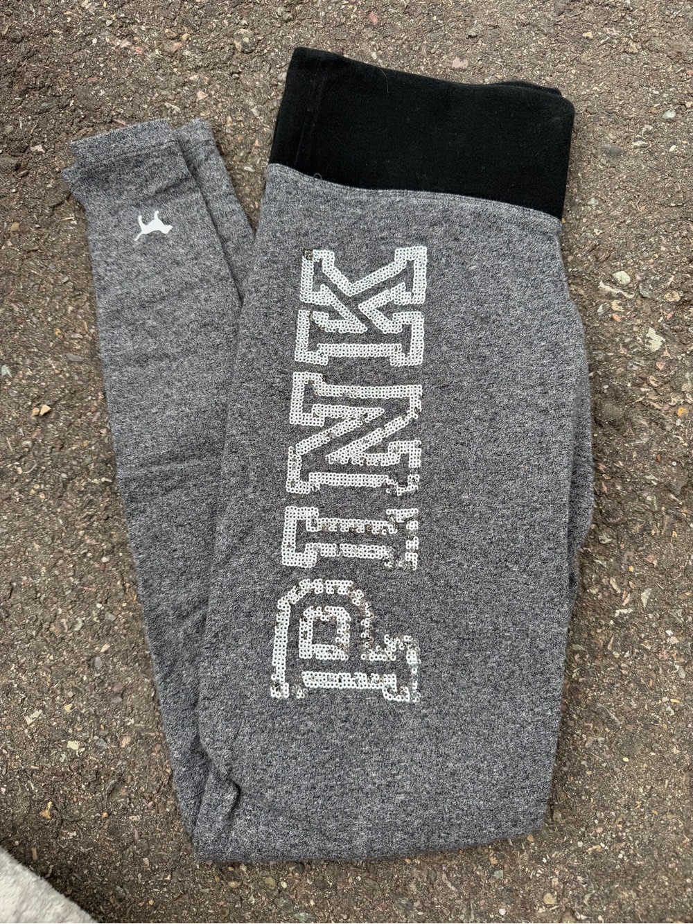 PINK Victoria's Secret Gray Leggings with Black Waistband and Sequin Logo